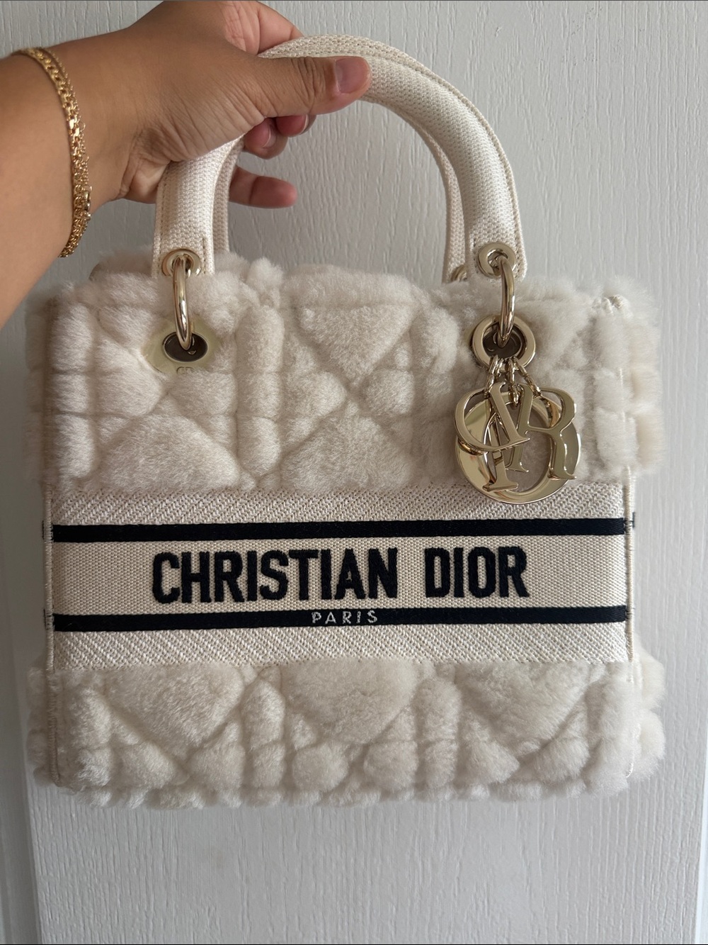 Dior Cream & Black Lady Dior Shearling Tote with Gold Hardware NEW with dust bag
